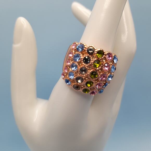 Multicolored Rhinestone Wide Band Ring, Rose Gold Tone, Size 7.75 - Picture 8 of 14